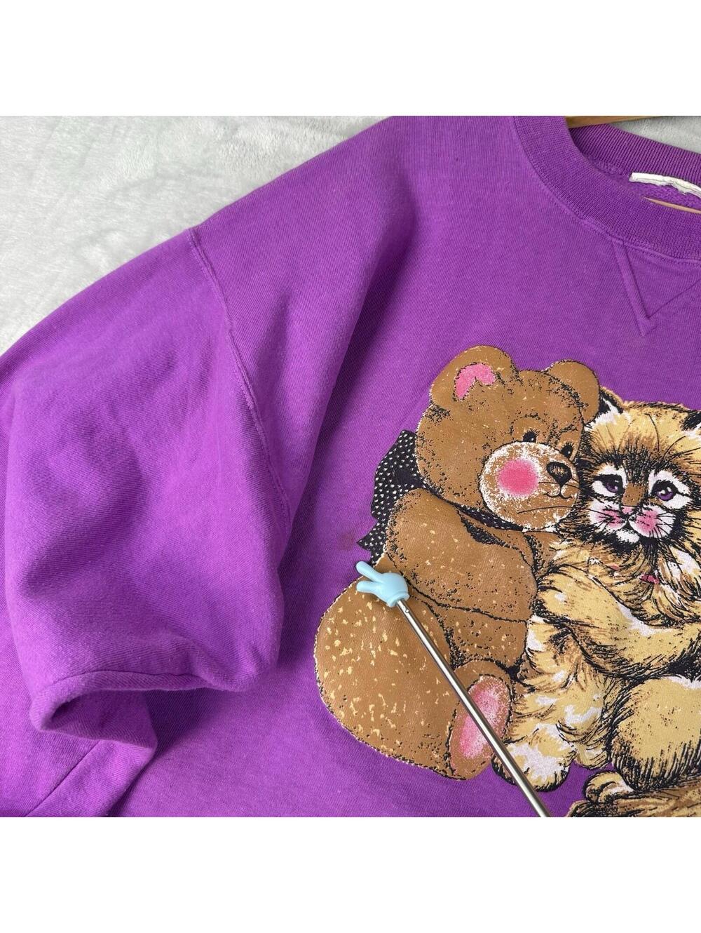 Vintage Teddy Bear Cat Graphic Sweatshirt 1980s Purple Crewneck Cute Wmns Sz L - Picture 5 of 9
